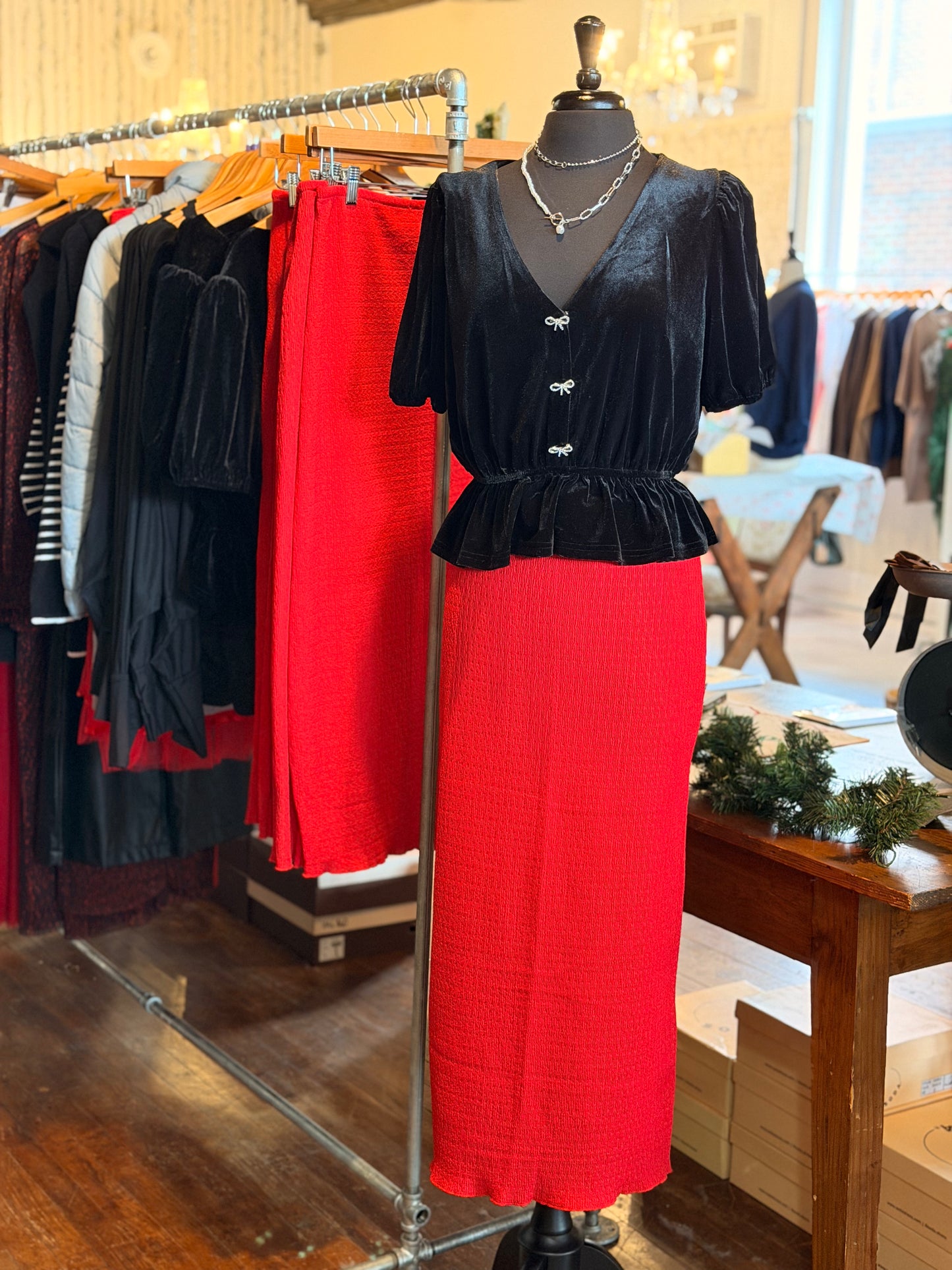 Black Velvet Top with Rhinestone Bows