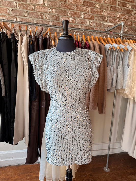 Silver Sequin Dress with Shoulder Pads
