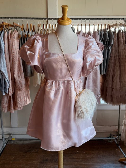 Pink Organza Puff Sleeve Mini Dress