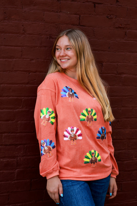 Orange Sequin Turkey Pullover