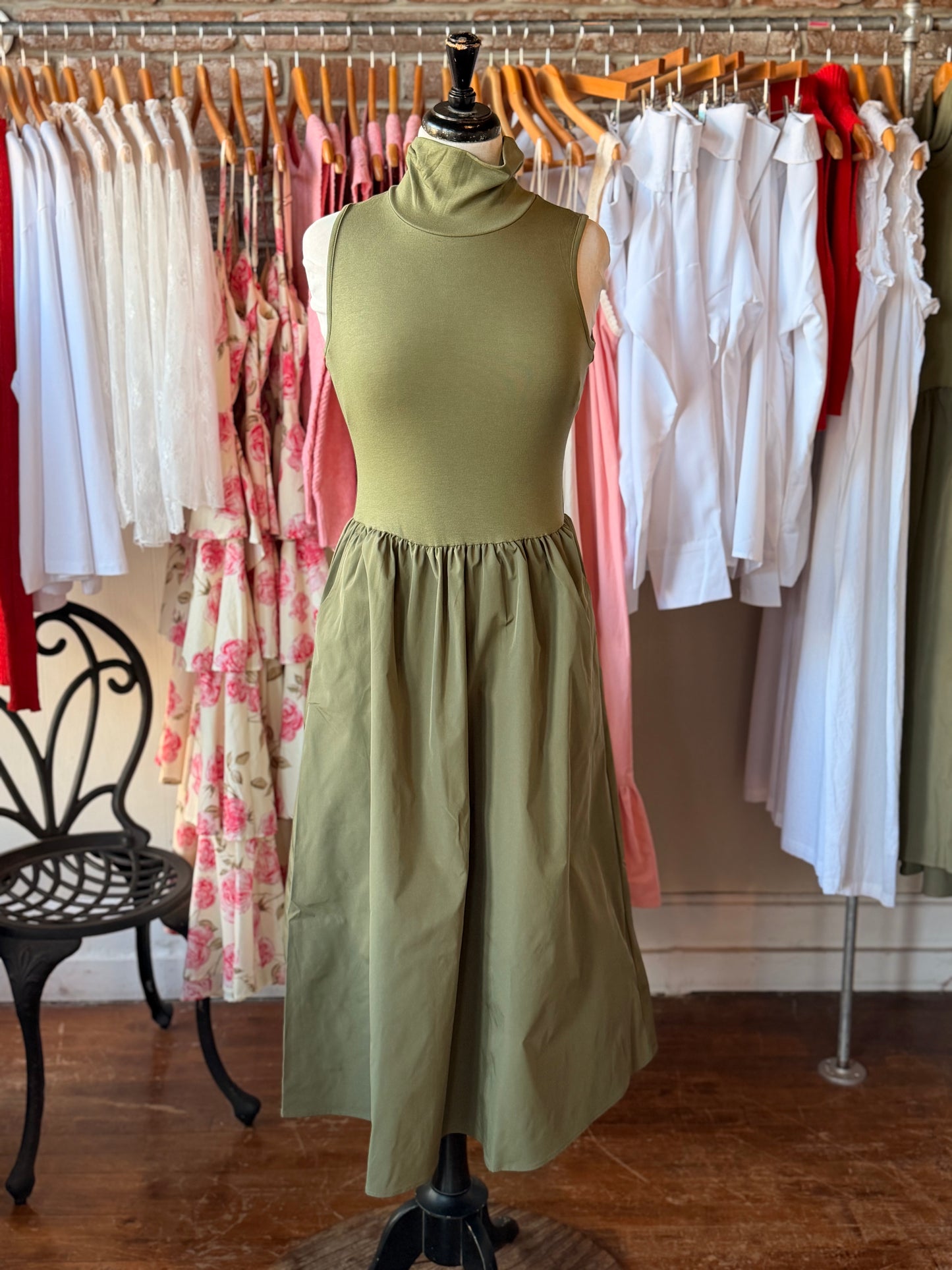 Green Mock Neck Midi Dress
