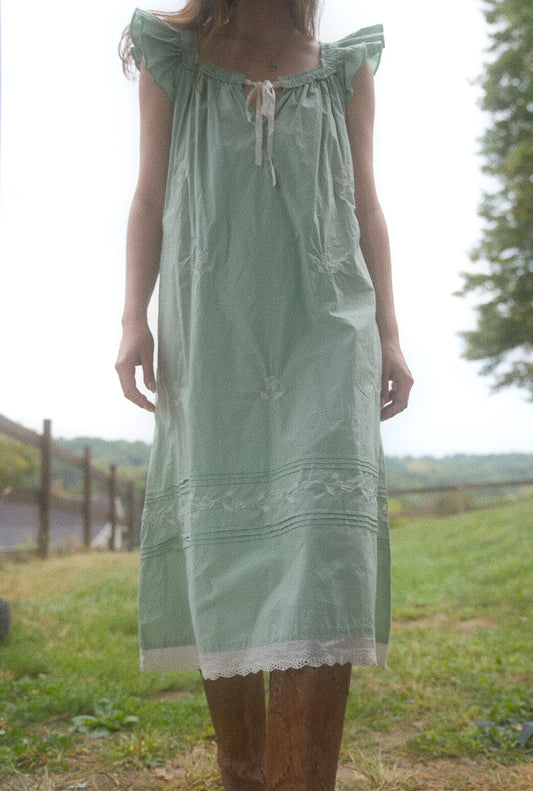 Pale Green Capped Sleeve Nightdress with Rose Embroidery