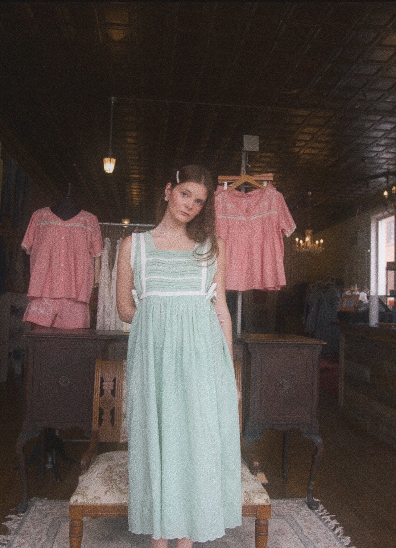 Green Pin-Tucked Bodice Nightdress with Ribbon