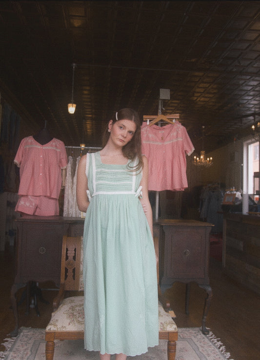 Green Pin-Tucked Bodice Nightdress with Ribbon