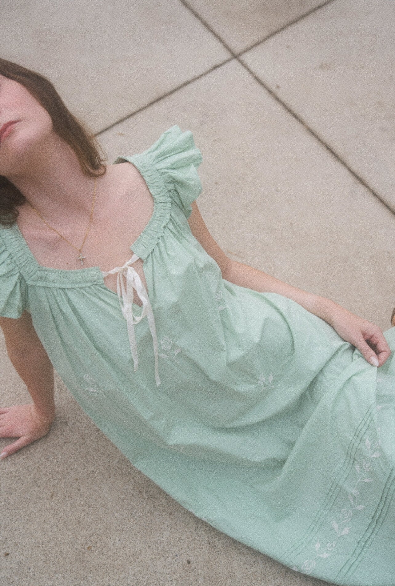 Pale Green Capped Sleeve Nightdress with Rose Embroidery