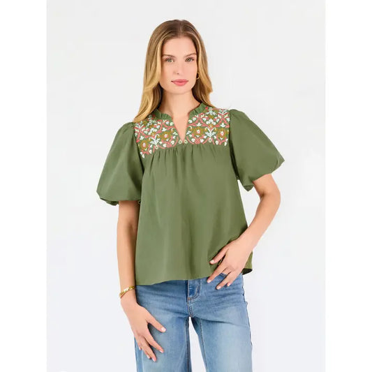 Makayla Embroidered Top | Olive