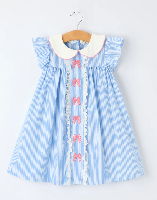 Blue Stripe Girl Dress Petal Peter Pan Collar Bow