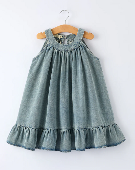Girls Denim Ruffle Trim A-Line Dress