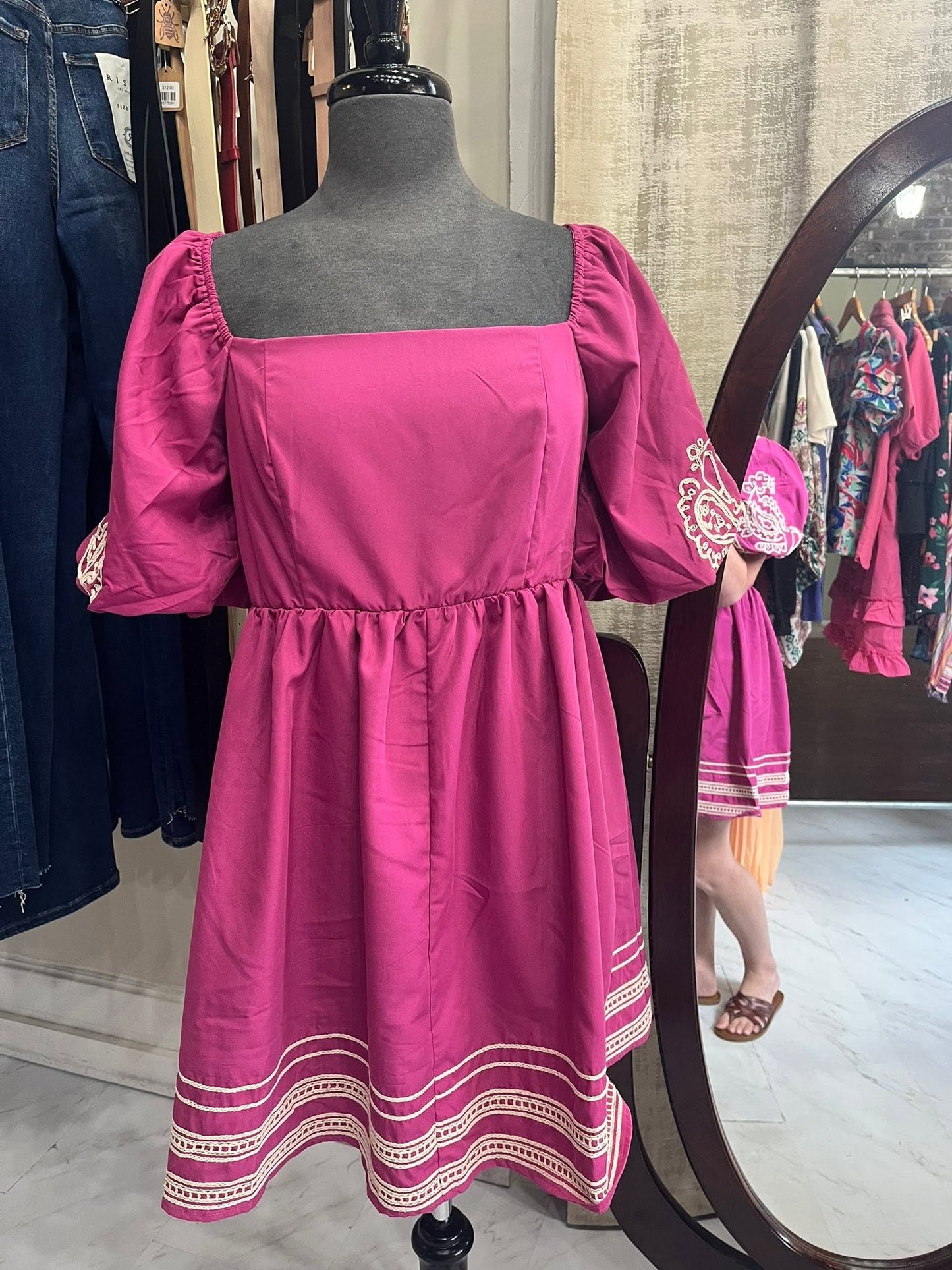 Mauve Embroidered Puff Sleeve Mini Dress