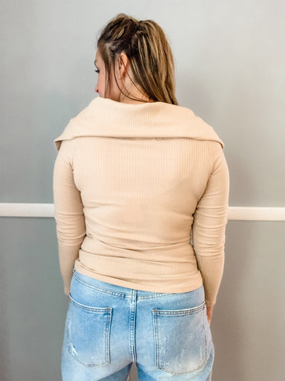 Taupe Ribbed Wide Neck Top
