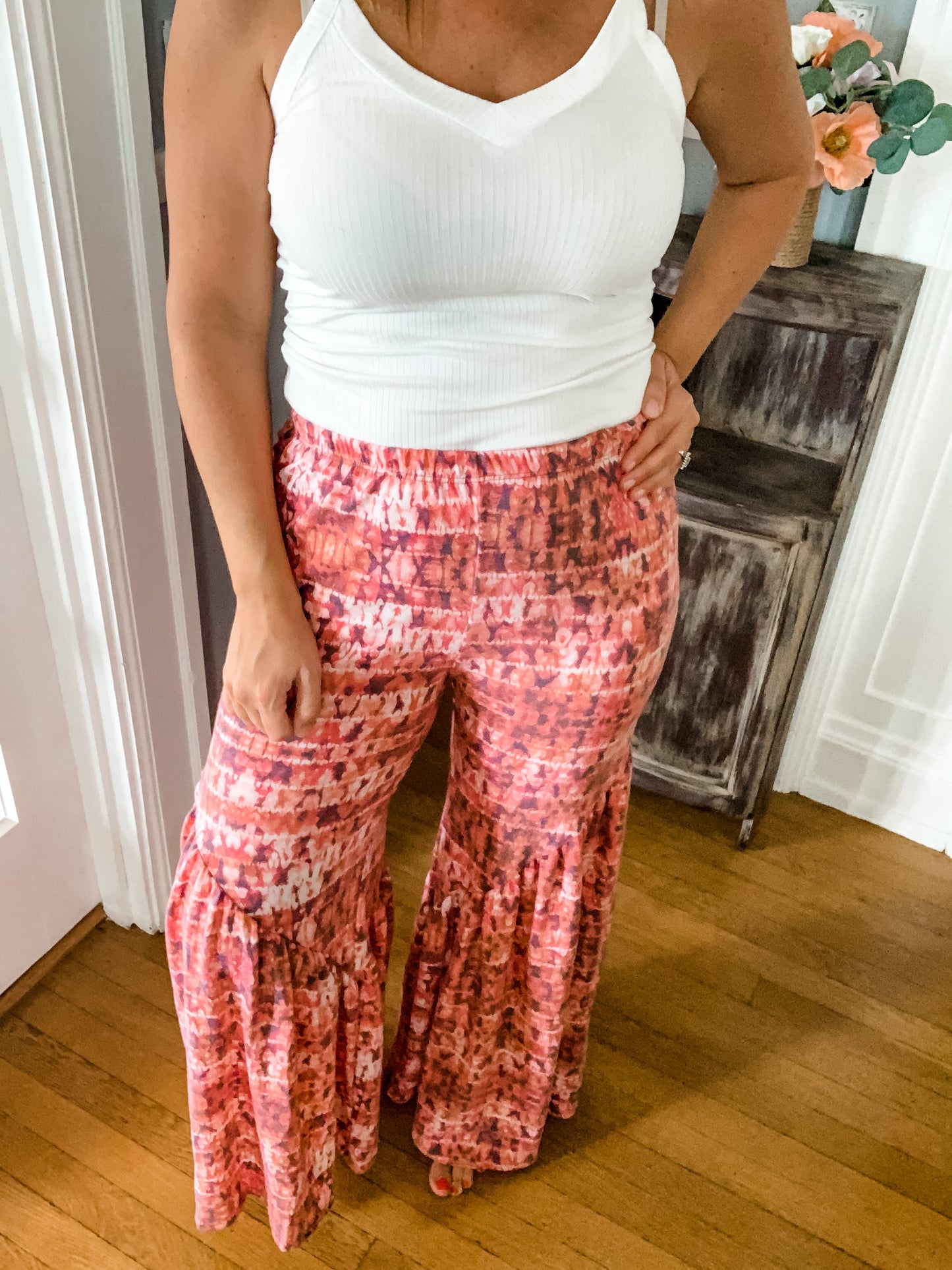 Red Printed Wide Leg Bell Bottoms