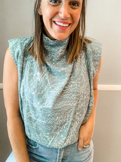 Sage Geo Print Cowl Neck Top