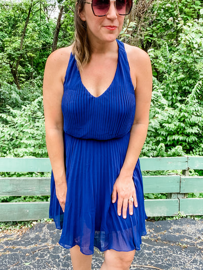 Pleated Navy Dress with Gold Zipper