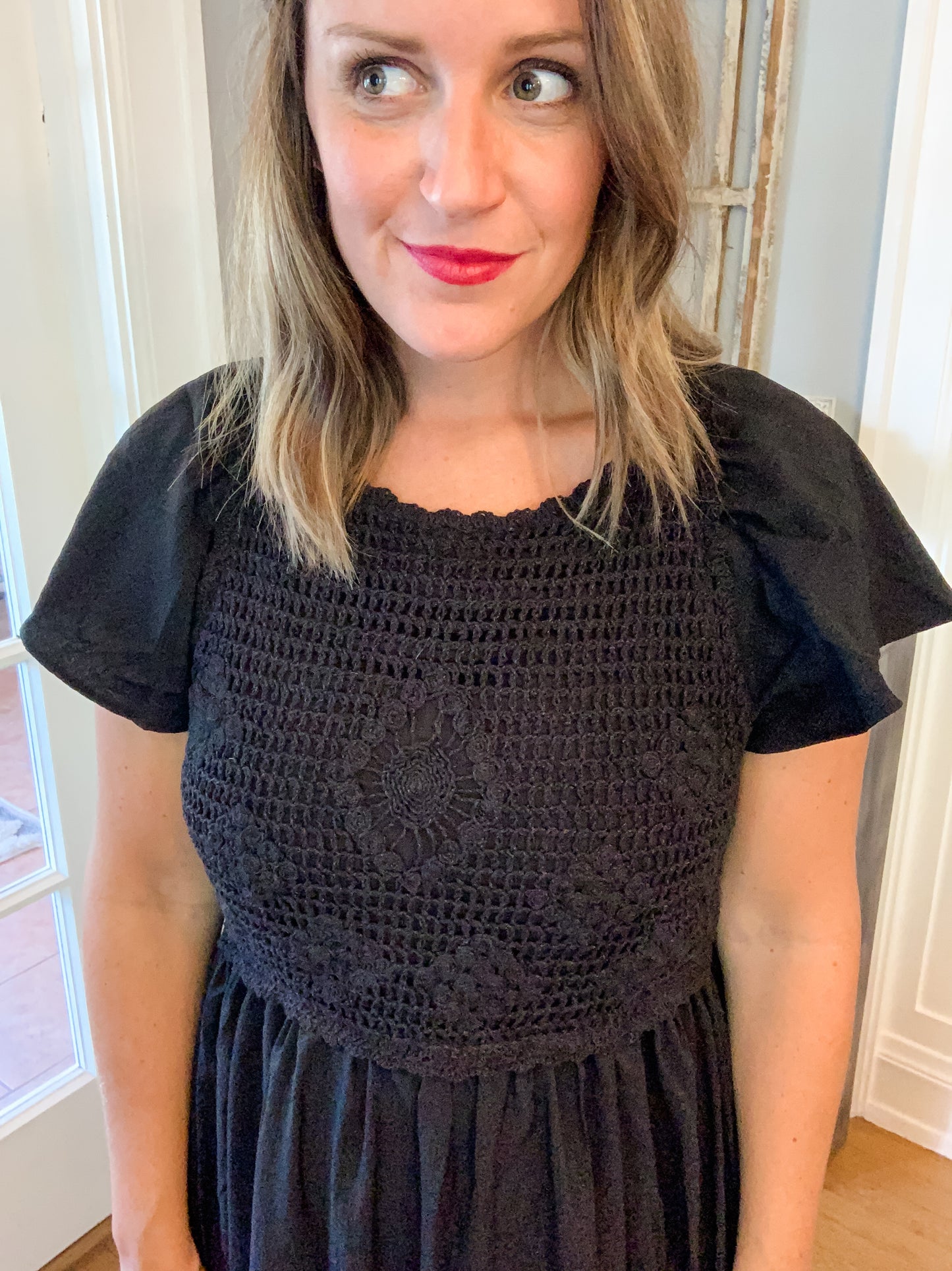 Black Crochet Front Midi Dress