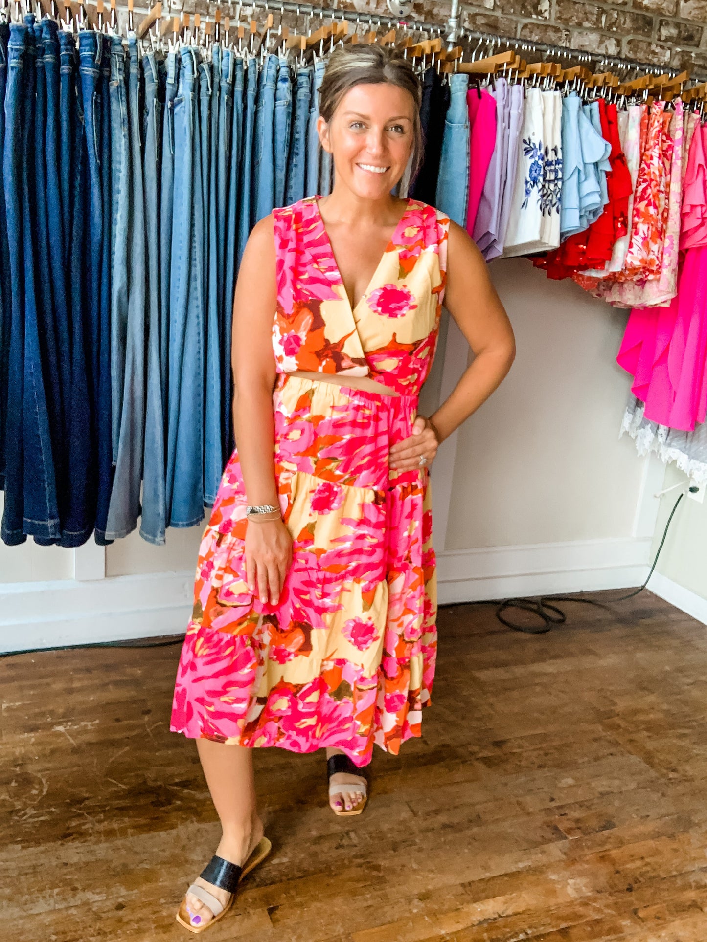 Pink Floral Splash Cut Out Dress