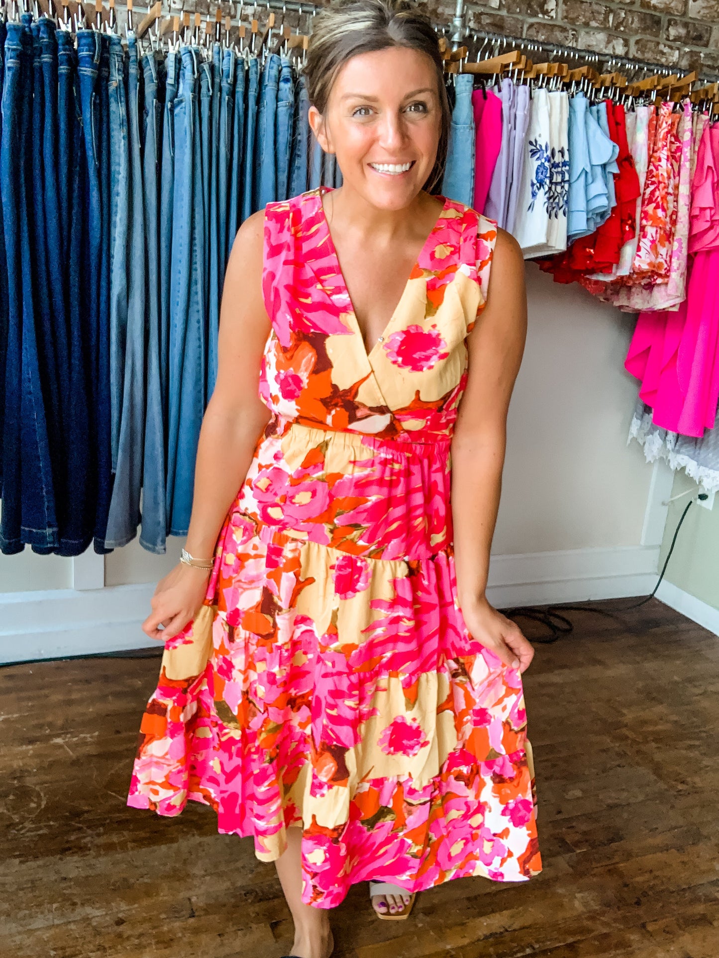 Pink Floral Splash Cut Out Dress