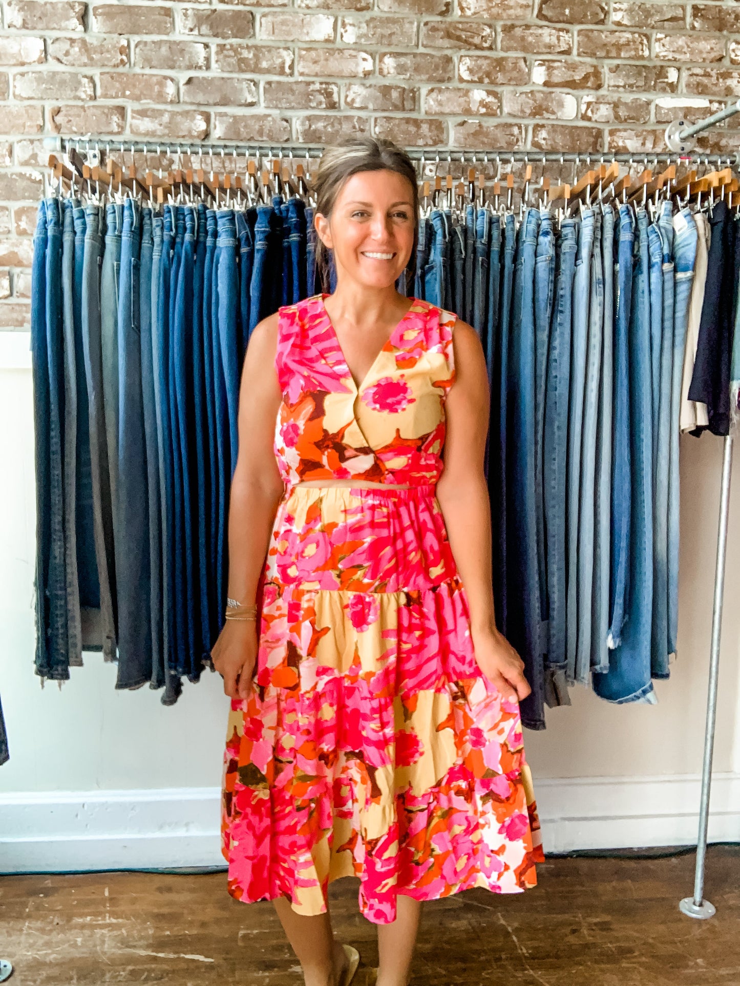 Pink Floral Splash Cut Out Dress