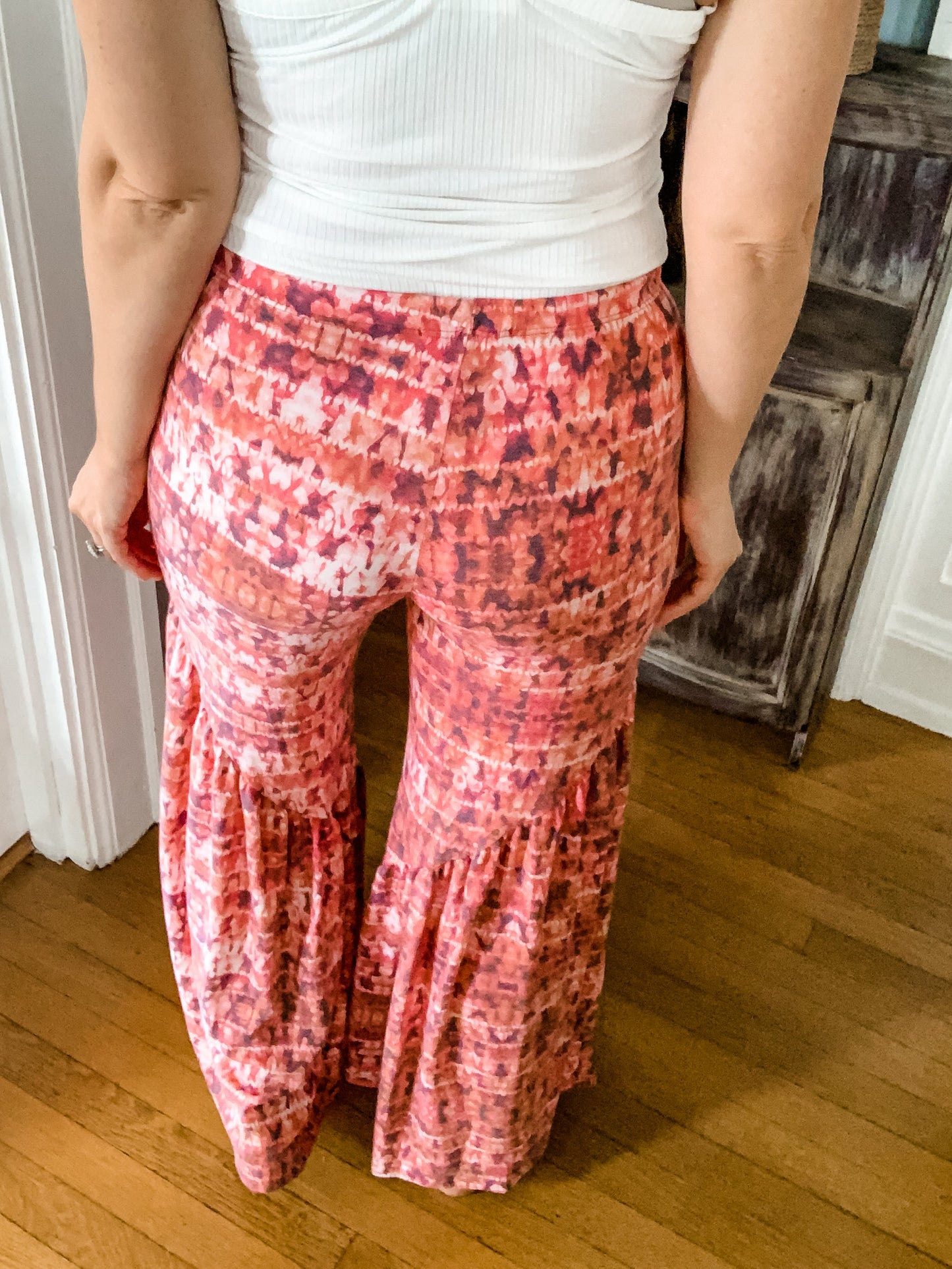 Red Printed Wide Leg Bell Bottoms