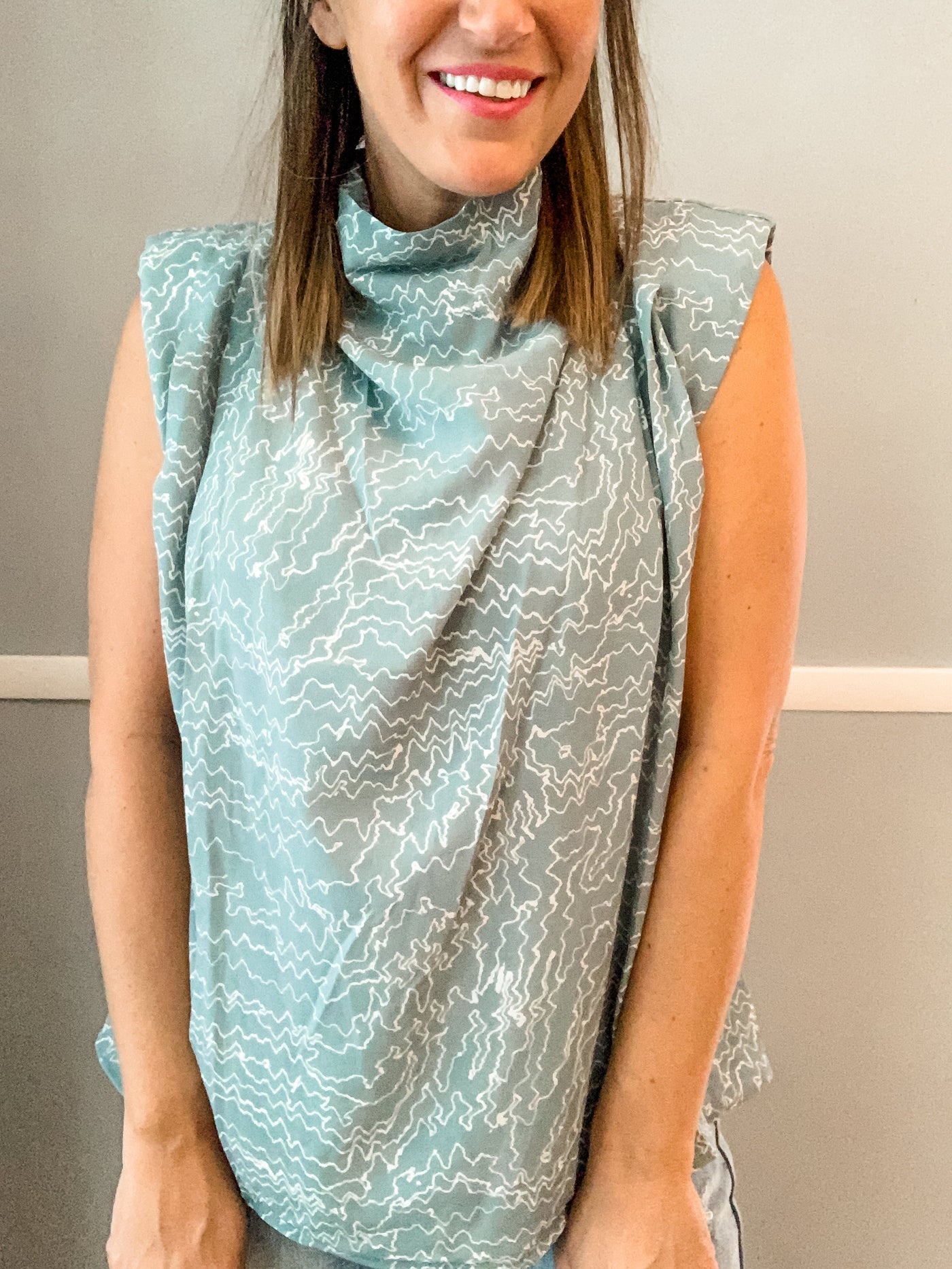 Sage Geo Print Cowl Neck Top