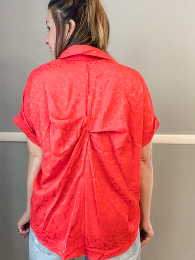 Red Printed Silky Top with Twist Back