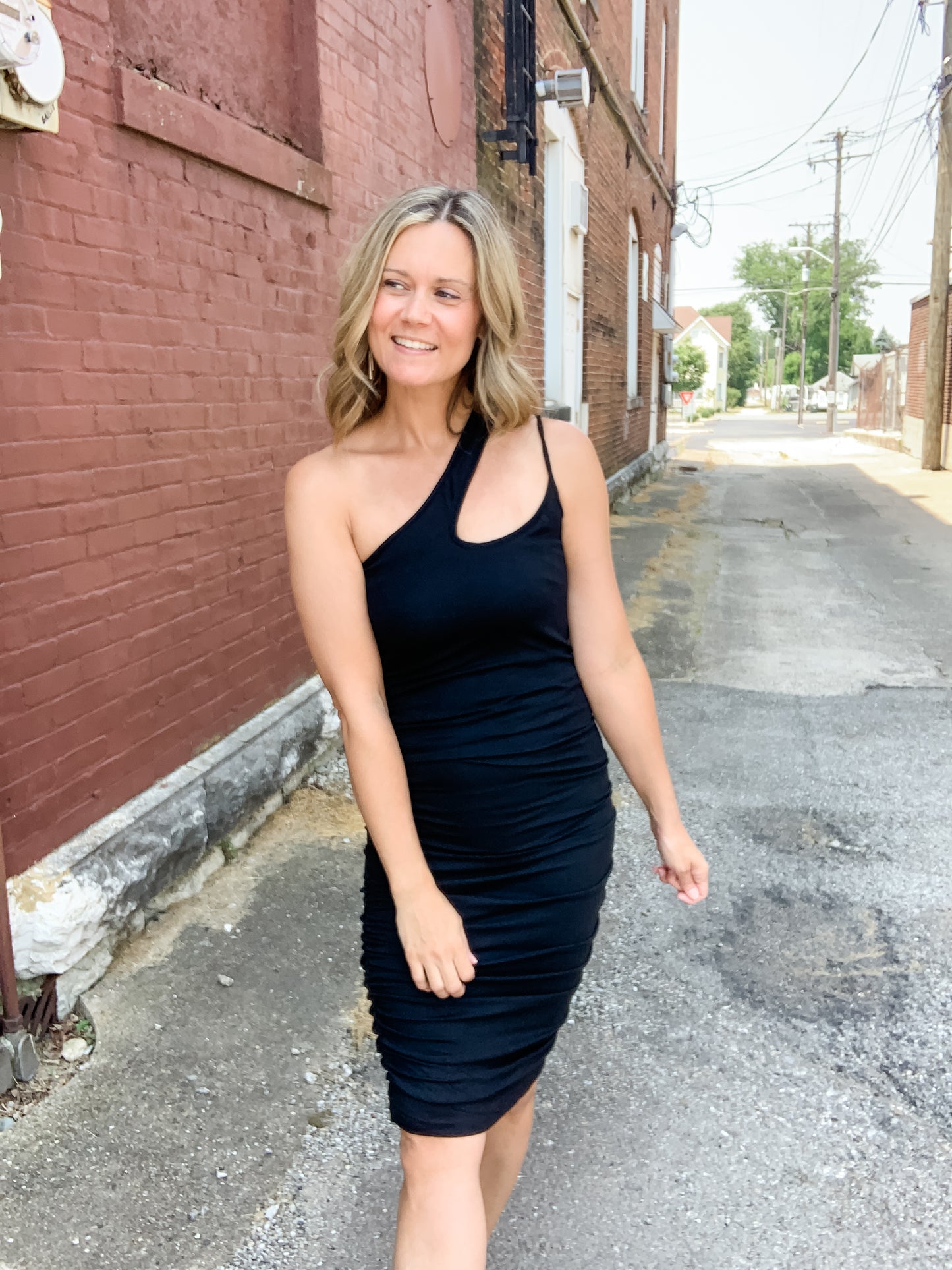 Black Gathered One Shoulder Dress