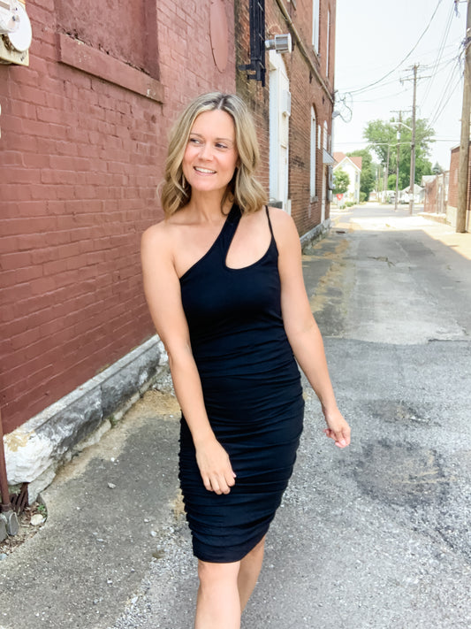 Black Gathered One Shoulder Dress