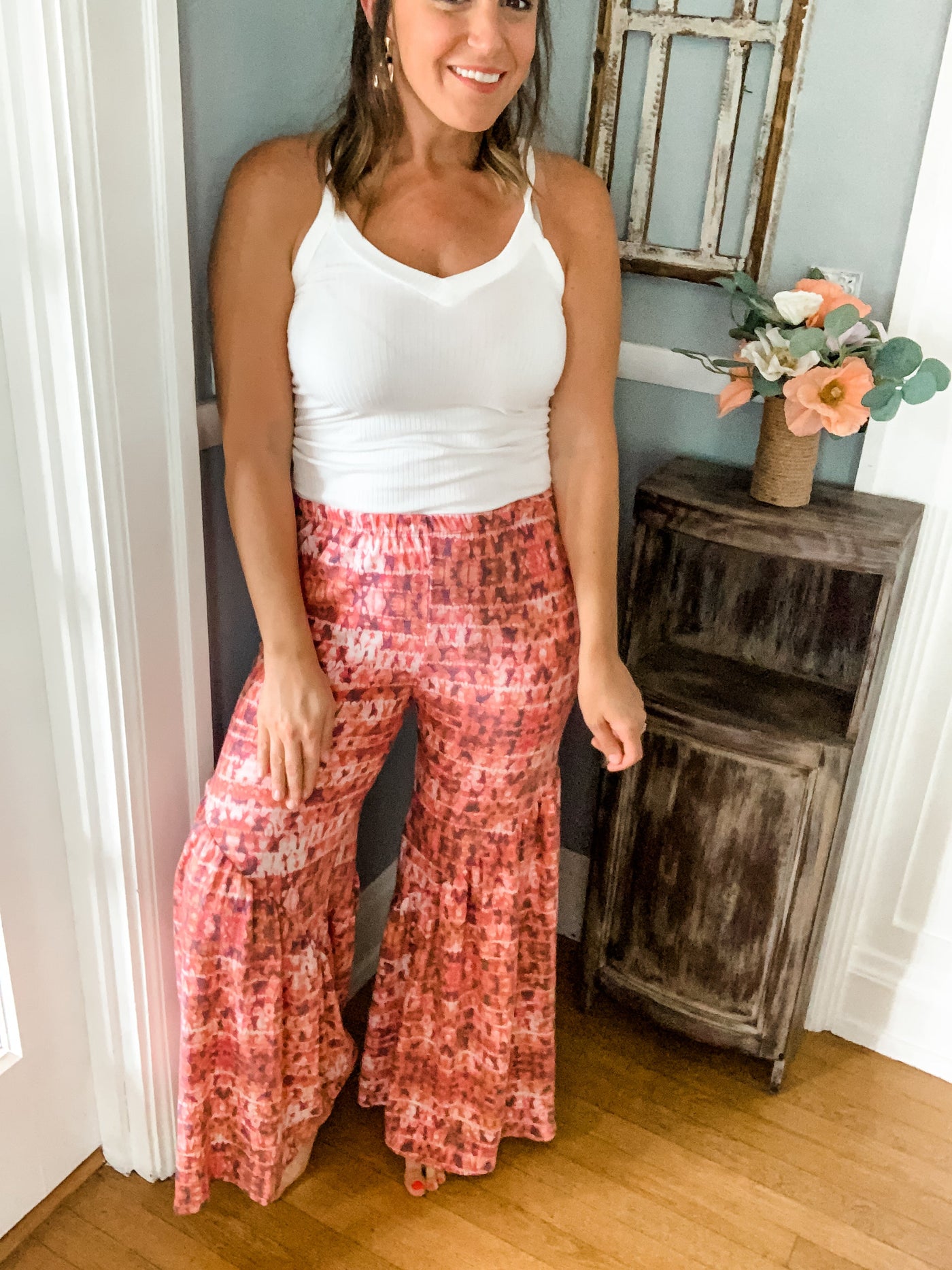Red Printed Wide Leg Bell Bottoms