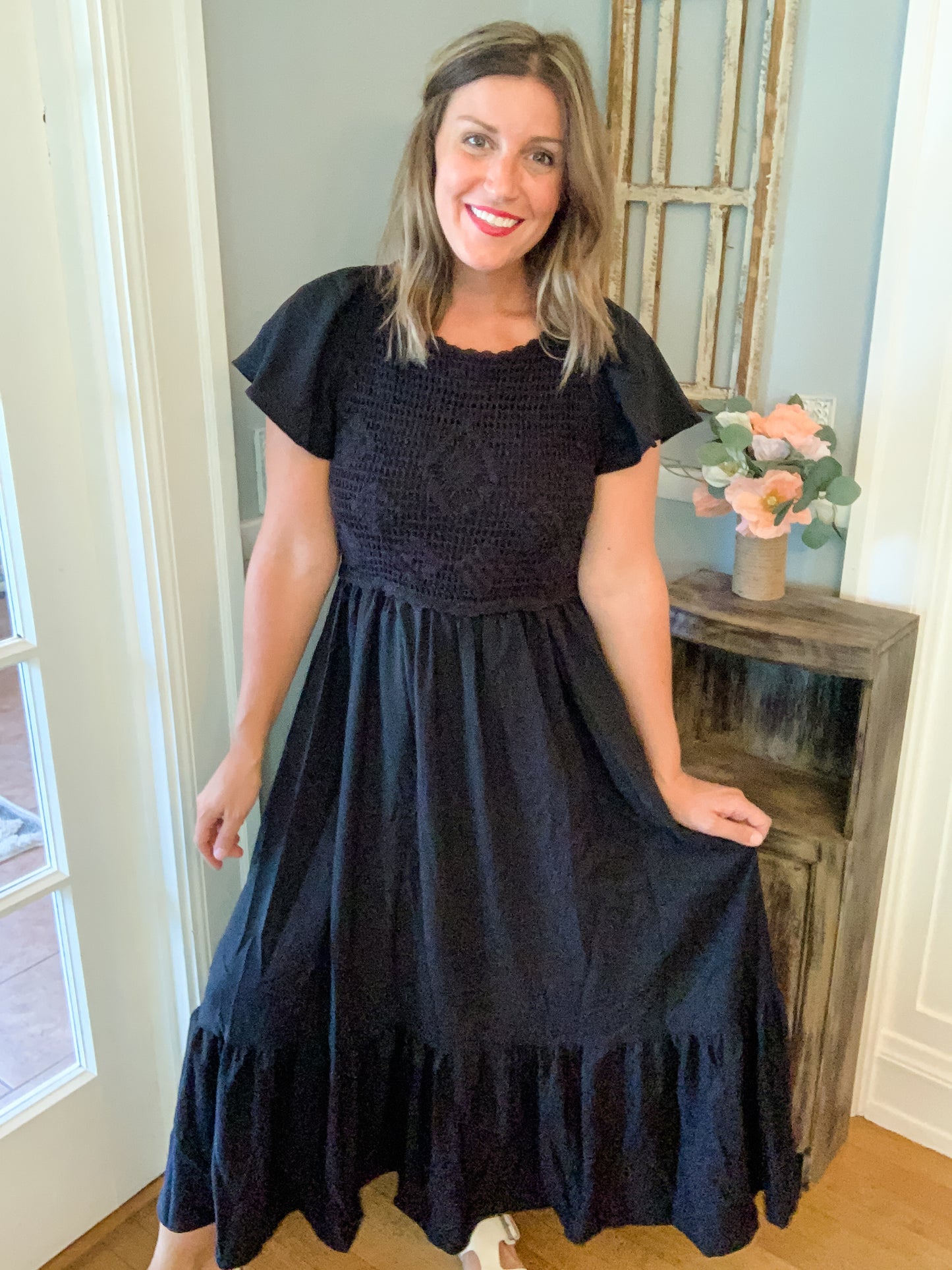 Black Crochet Front Midi Dress