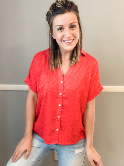 Red Printed Silky Top with Twist Back