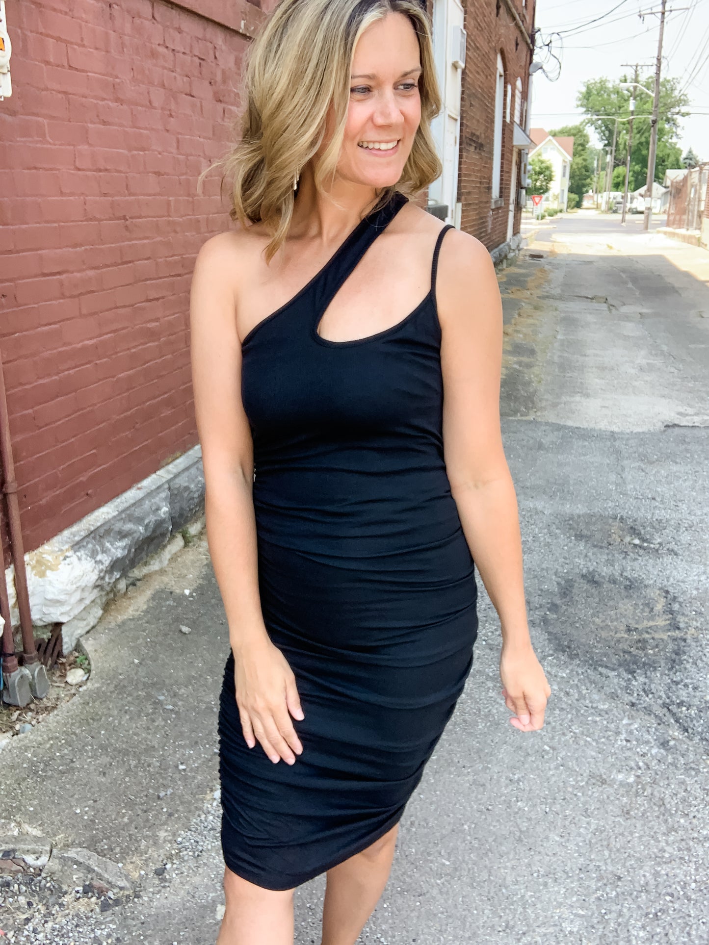 Black Gathered One Shoulder Dress