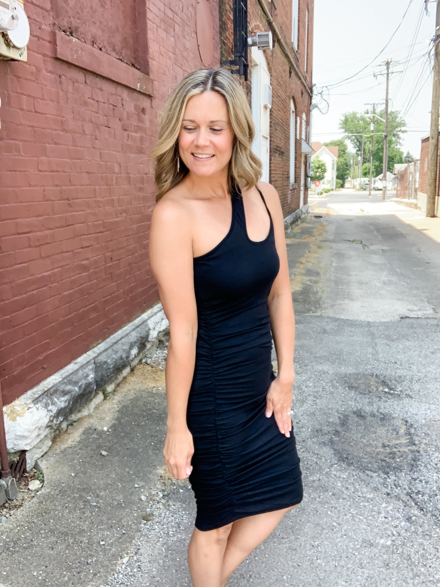 Black Gathered One Shoulder Dress