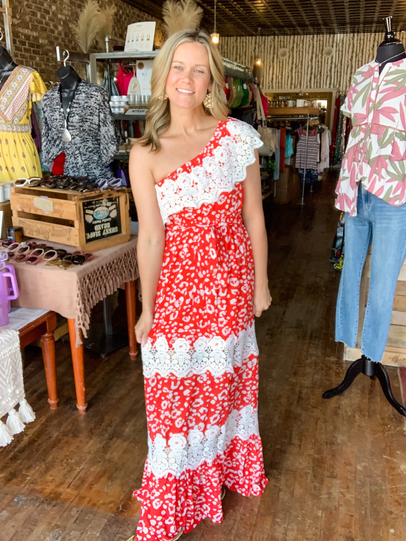 Red and White One Shoulder Maxi Dress