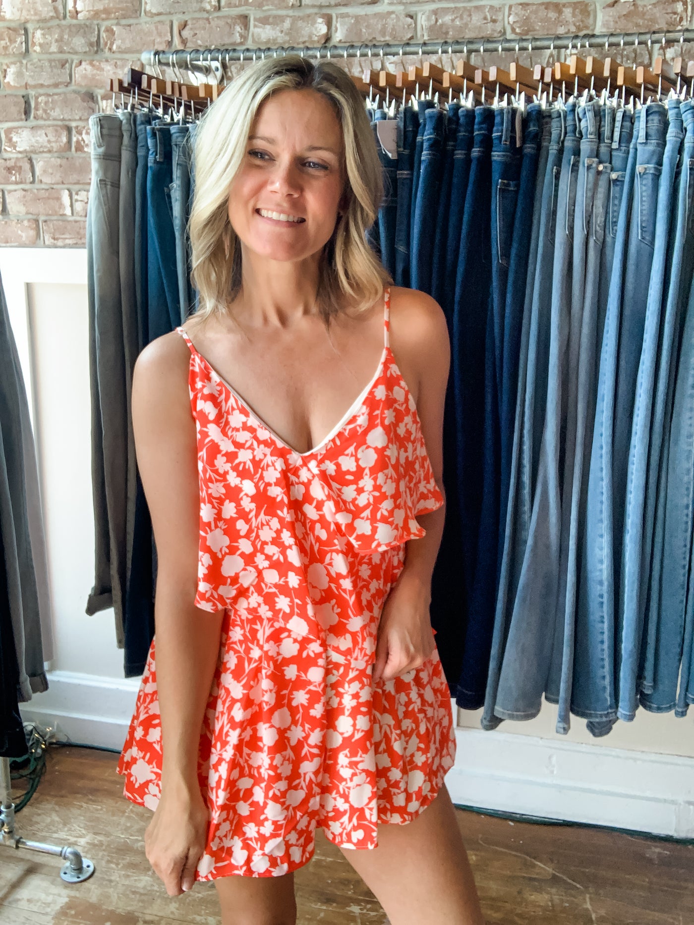 Red and Cream Floral Romper
