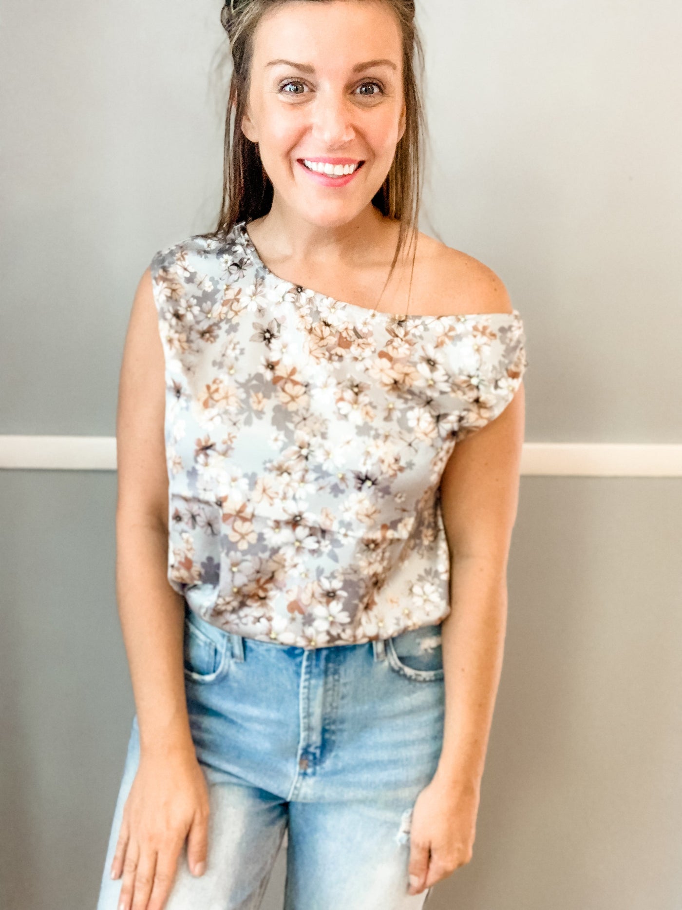 Dusty Blue Floral Slouchy Satin Top