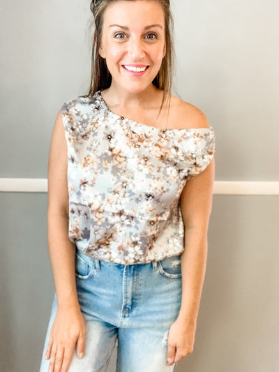 Dusty Blue Floral Slouchy Satin Top