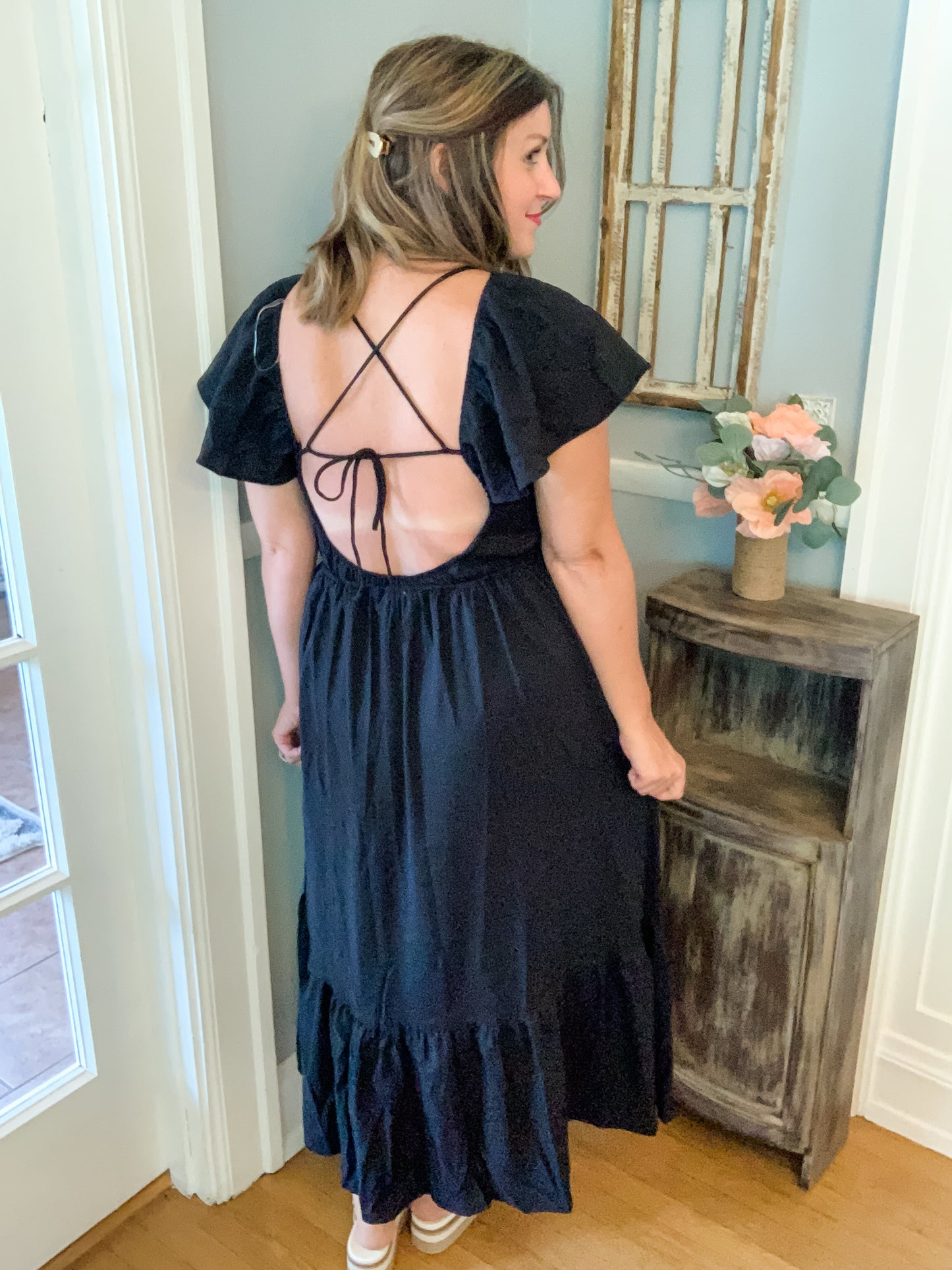 Black Crochet Front Midi Dress