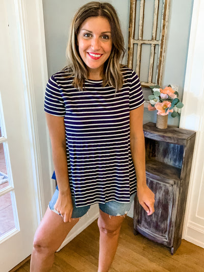 Navy and White Striped Top with Contrasting Back