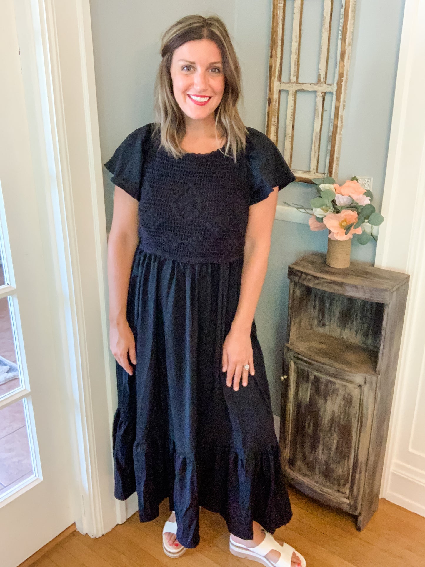 Black Crochet Front Midi Dress