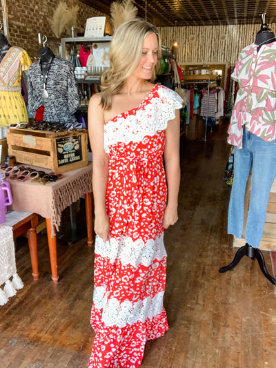 Red and White One Shoulder Maxi Dress