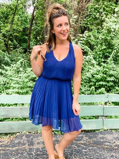 Pleated Navy Dress with Gold Zipper