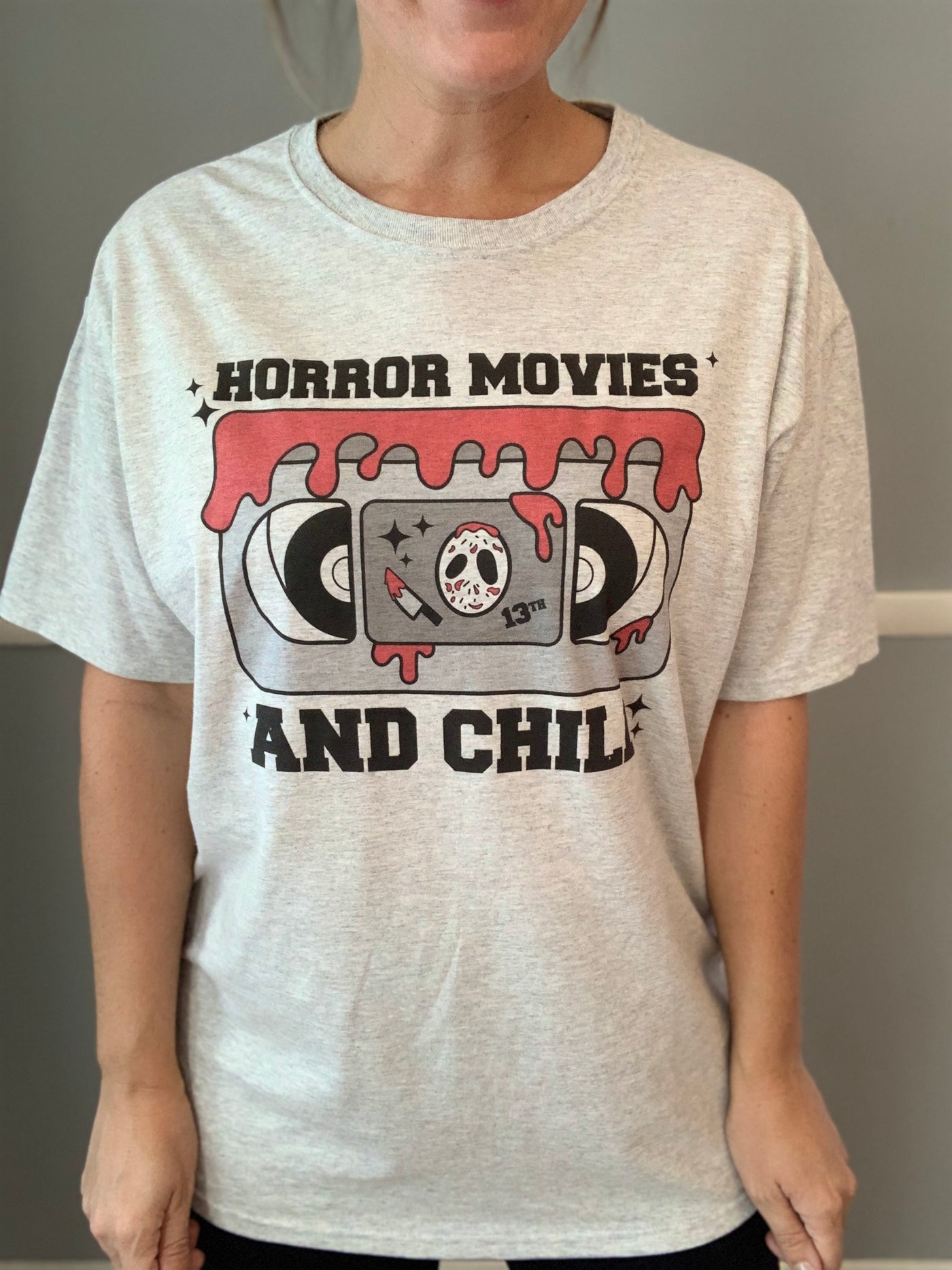Grey Horror Movies and Chill Tee