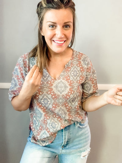 Brick and Dusty Blue Printed T-Shirt