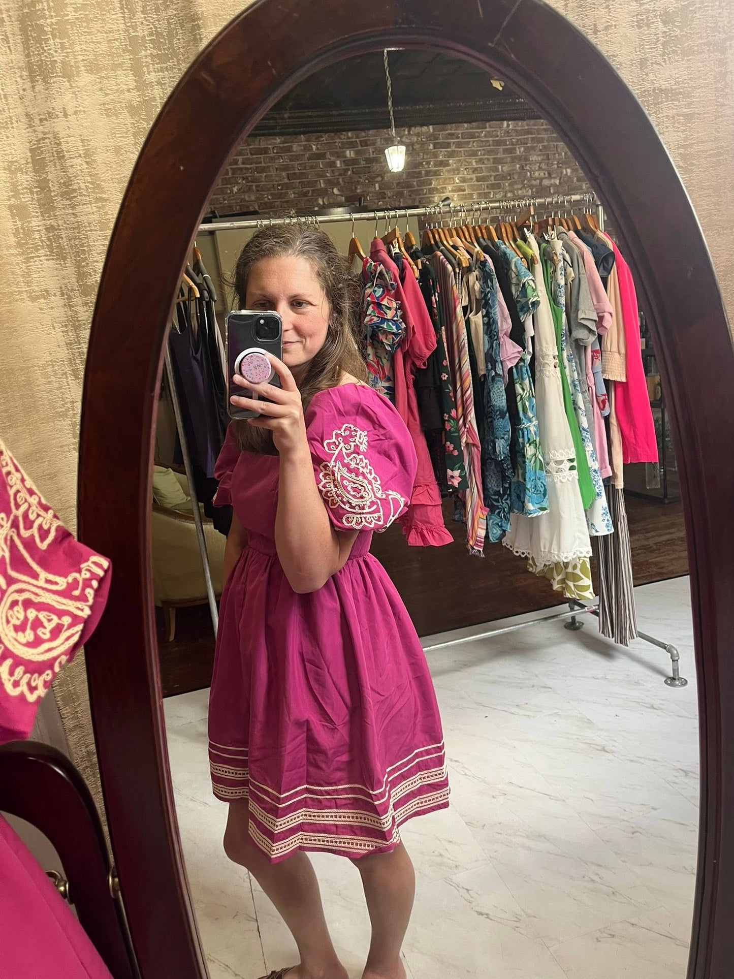 Mauve Embroidered Puff Sleeve Mini Dress