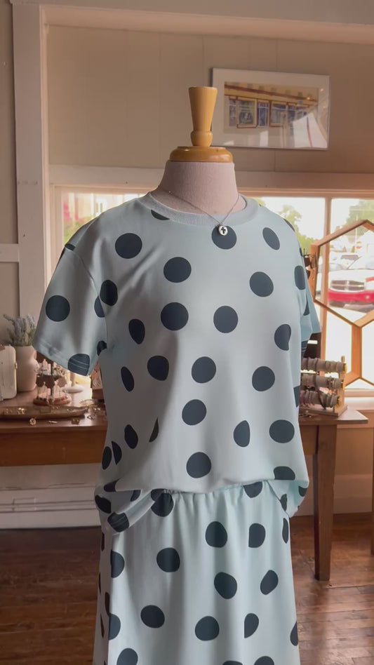 Polka Dot Print Short Sleeve Top 2pcs Skirt Set | S-Xl - Sky Blue