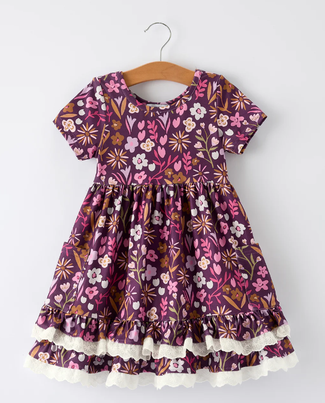 Retro Floral Print Short Sleeve Girls Dress with Pockets