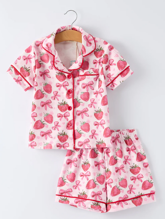 Girls Strawberry Bow Short Sleeve Shorts PJ Set