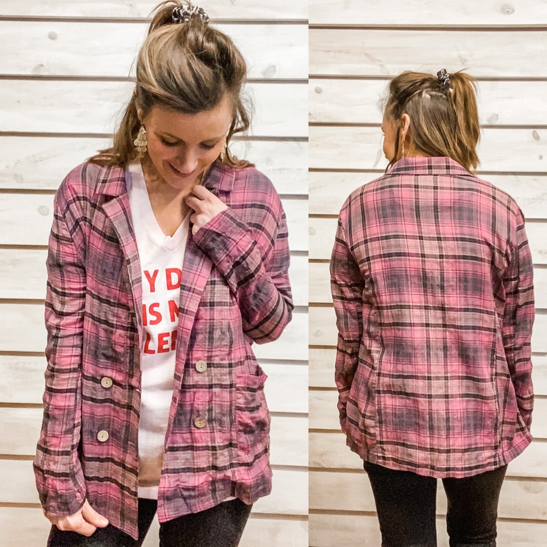 Pink Plaid Oversized Jacket with Four Buttons