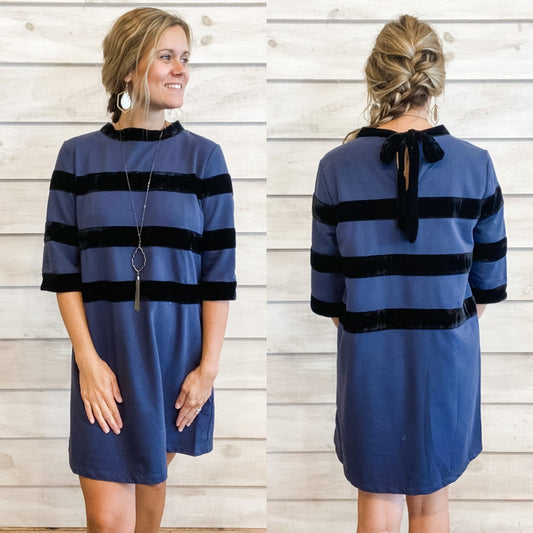 Navy Dress with Velvet Contrast