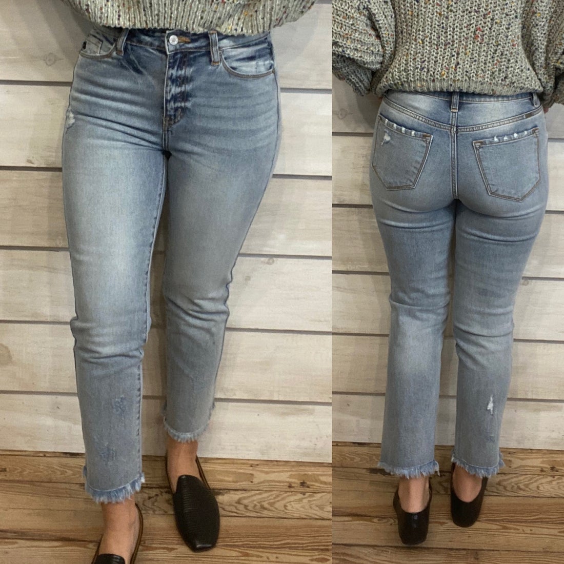 Light Wash High Rise Mom Jeans with Frayed Hem