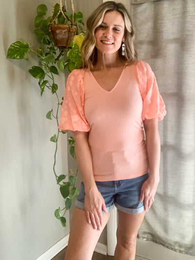 Peach Ribbed Top with Floral Bubble Sleeves